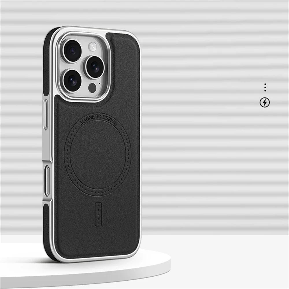 Luxury Business Plating Frame Leather Magnetic Back Case For iPhone - Image 7